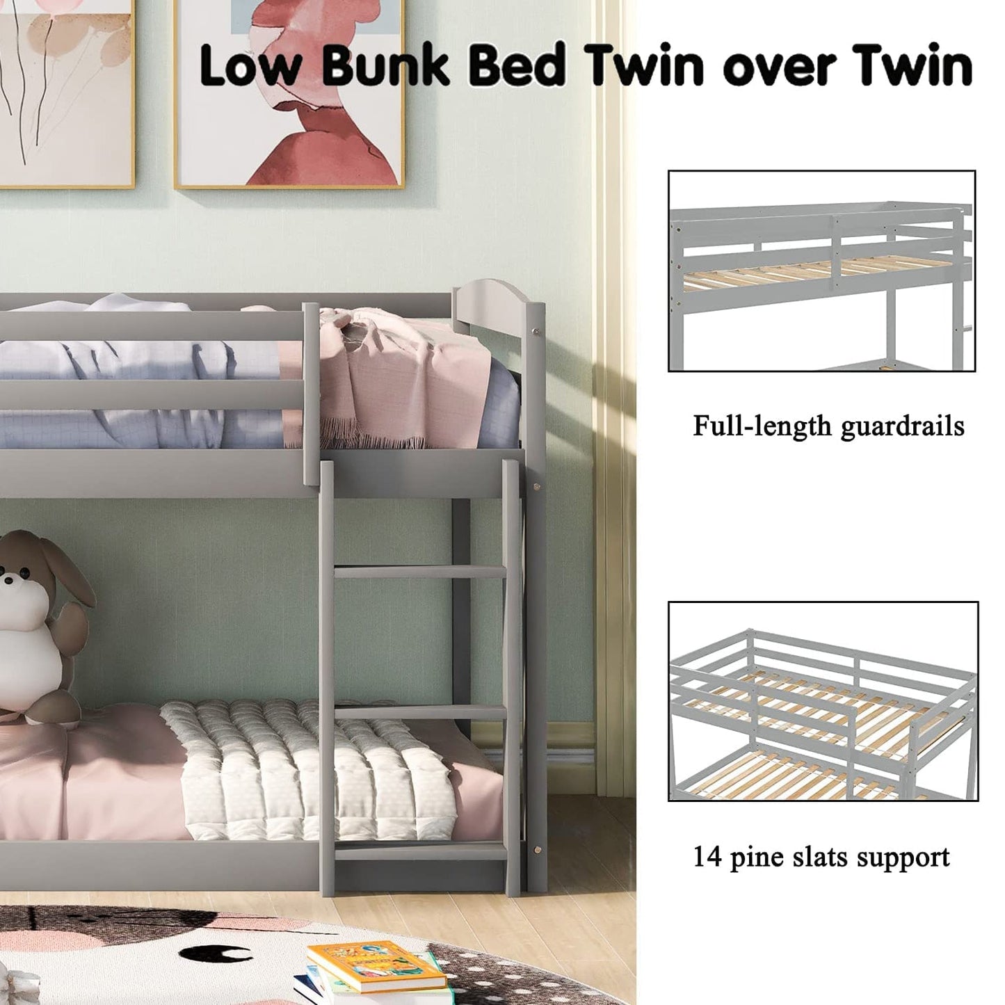 Twin Over Twin Floor Bunk Bed with Ladder __stock:200 Furniture and Décor refund_fee:3800