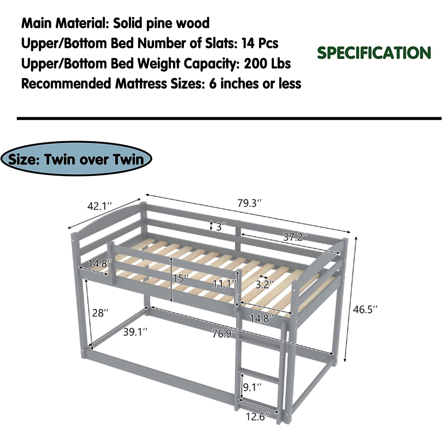 Twin Over Twin Floor Bunk Bed with Ladder __stock:200 Furniture and Décor refund_fee:3800