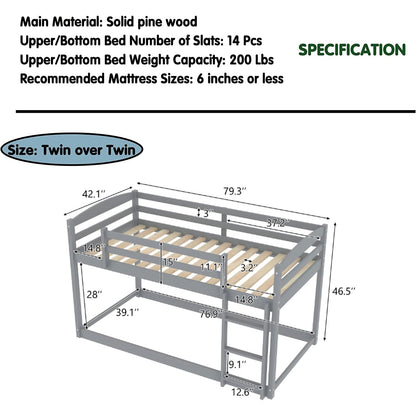 Twin Over Twin Floor Bunk Bed with Ladder __stock:200 Furniture and Décor refund_fee:3800