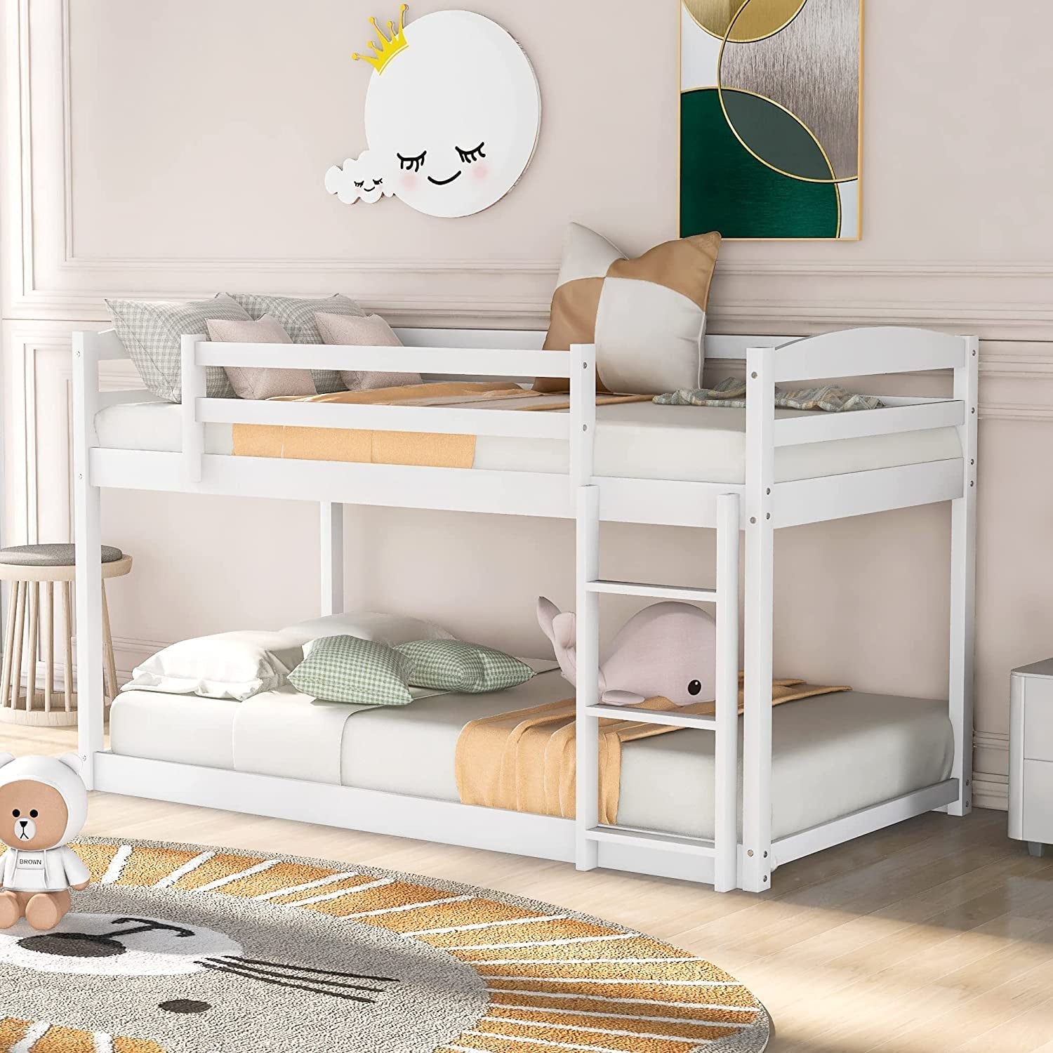 Twin Over Twin Floor Bunk Bed with Ladder White __stock:200 Furniture and Décor refund_fee:3800