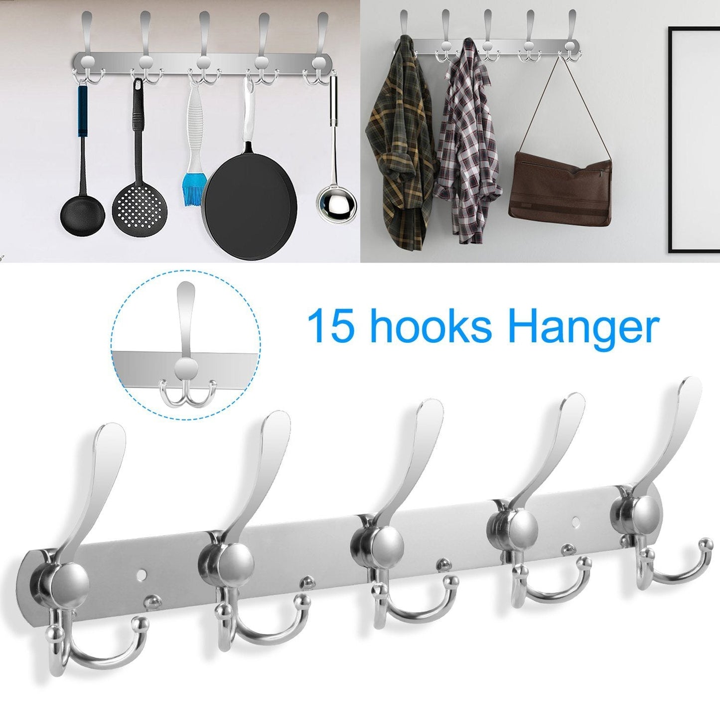 Wall Mount Coat 15 Hooks Stainless Steel Clothes Hanger Rack Closet & Storage refund_fee:1200