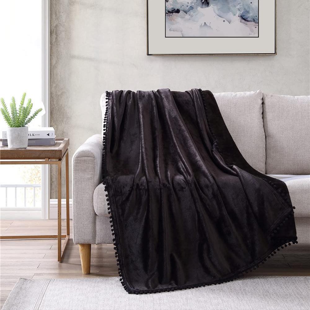 Walnut Flannel Pompom 50" x 70" Throw Blanket Black __label2:BOGO 30% OFF __stock:200 Bedding refund_fee:1200