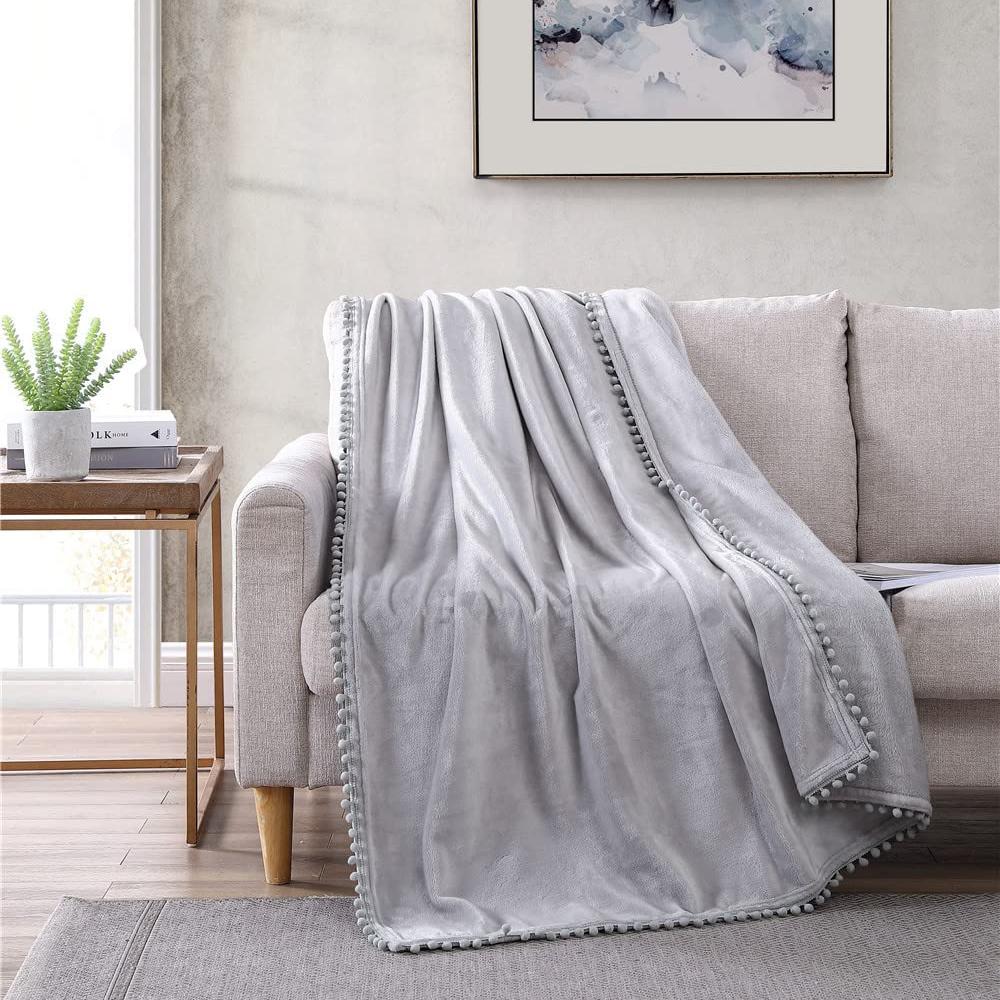 Walnut Flannel Pompom 50" x 70" Throw Blanket Gray __label2:BOGO 30% OFF __stock:200 Bedding refund_fee:1200