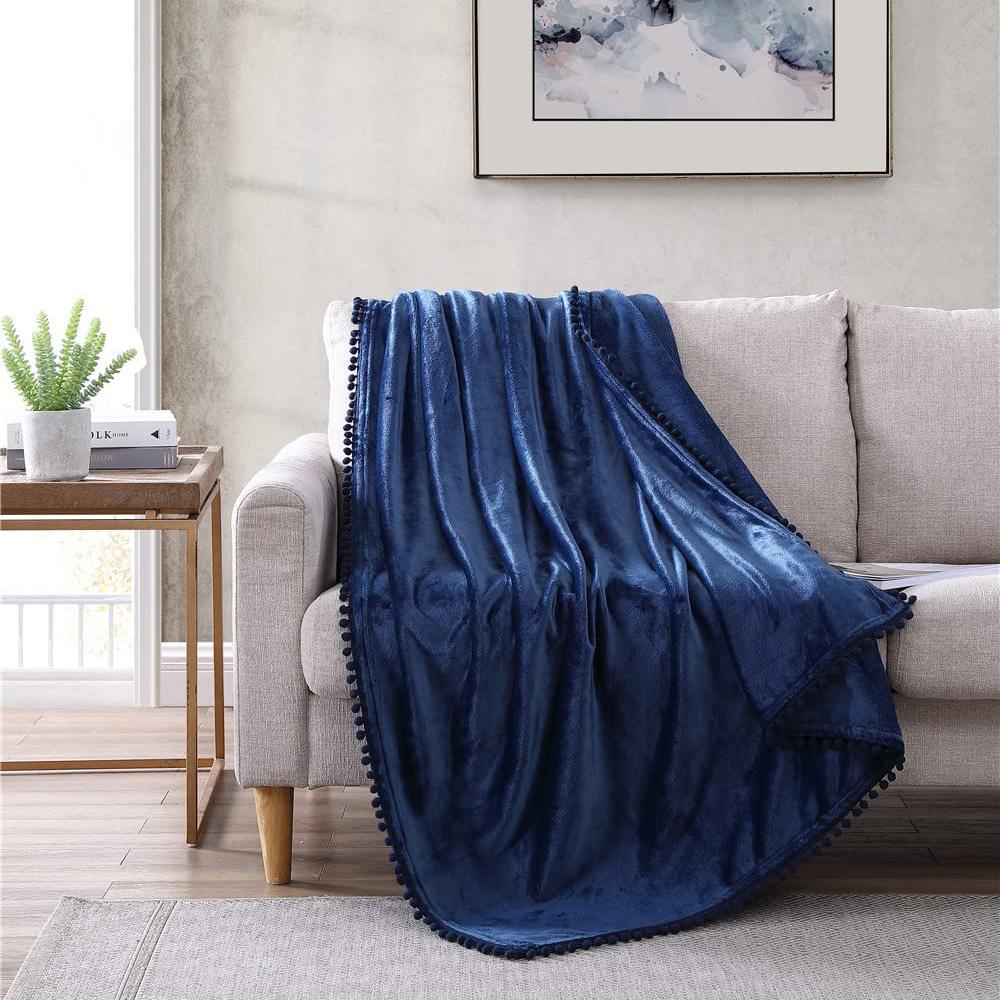 Walnut Flannel Pompom 50" x 70" Throw Blanket Navy __label2:BOGO 30% OFF __stock:200 Bedding refund_fee:1200