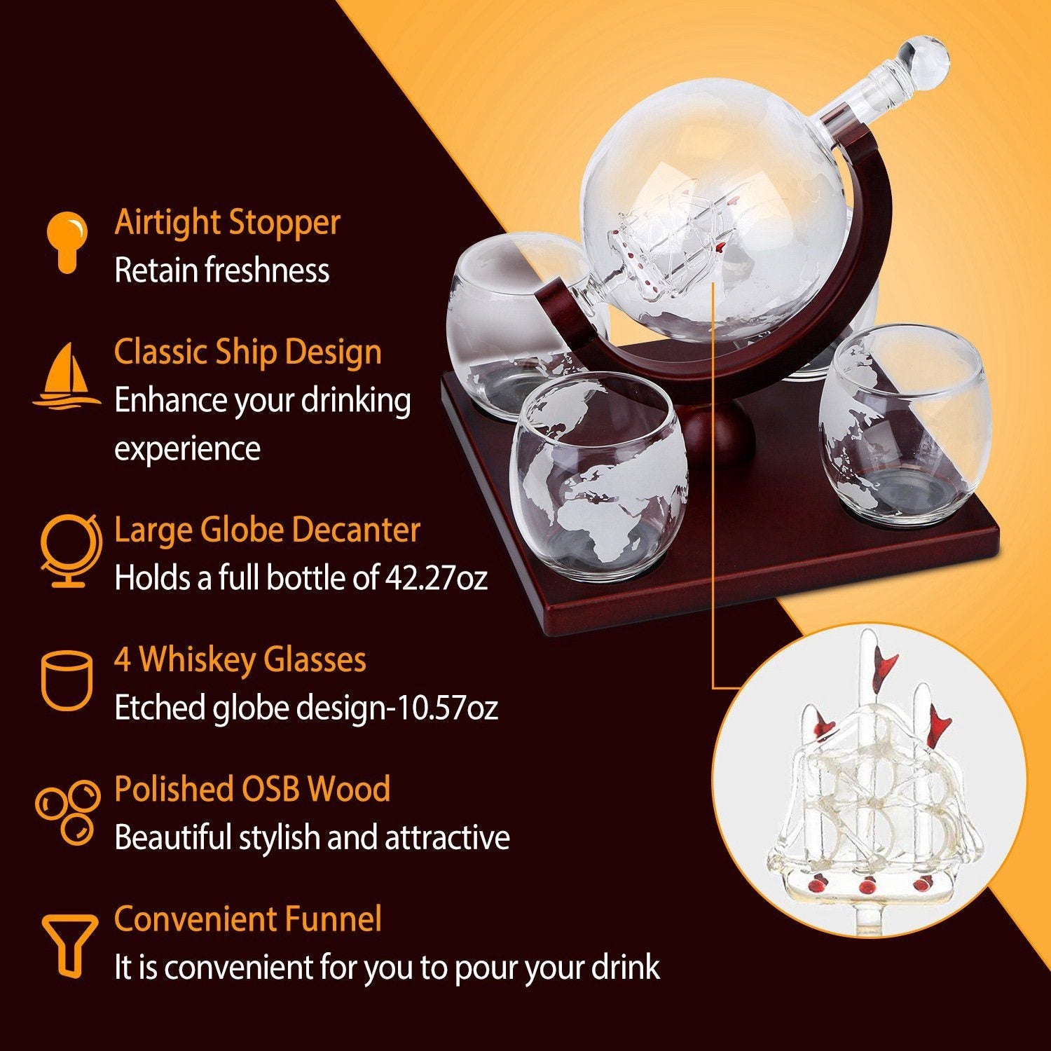 Whiskey Decanter Globe Set Kitchen & Dining refund_fee:2200